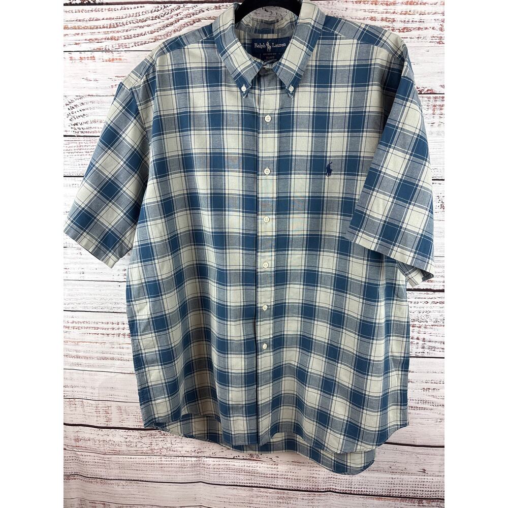 Mens Ralph Lauren Blue Cream Plaid Button Up Short Sleeve Blake Cotton Size XL